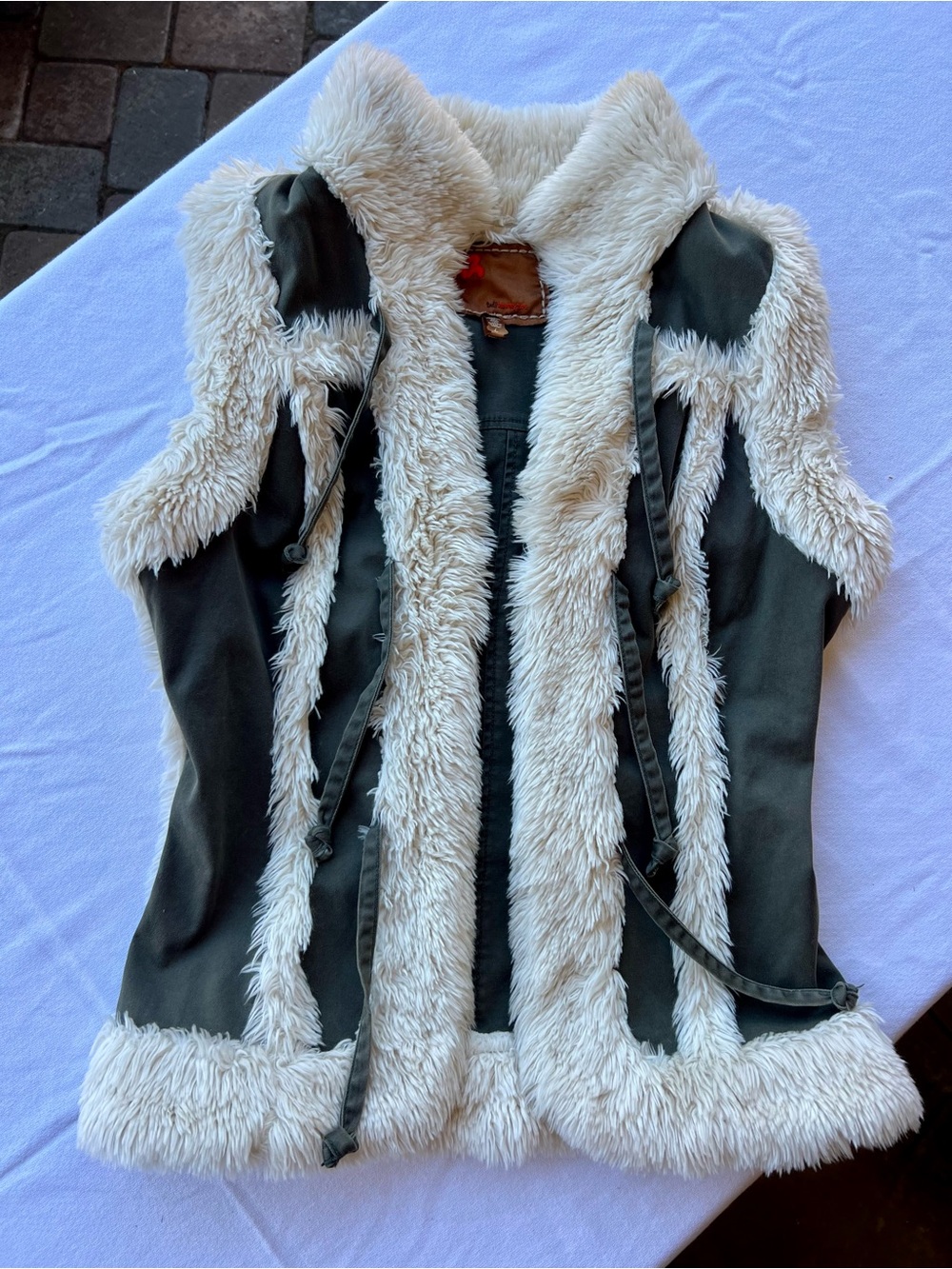 Twill Twenty Two Olive Vest with Cream Faux Fur Trim